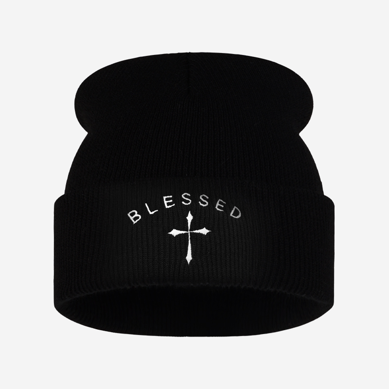 Beanie Cuffed Knit - Berretto Ricamato con Croce, Cappello Invernale